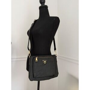 Vintage Prada Tessuto Nylon Crossbody Bag Black Gold Hardware Messenger